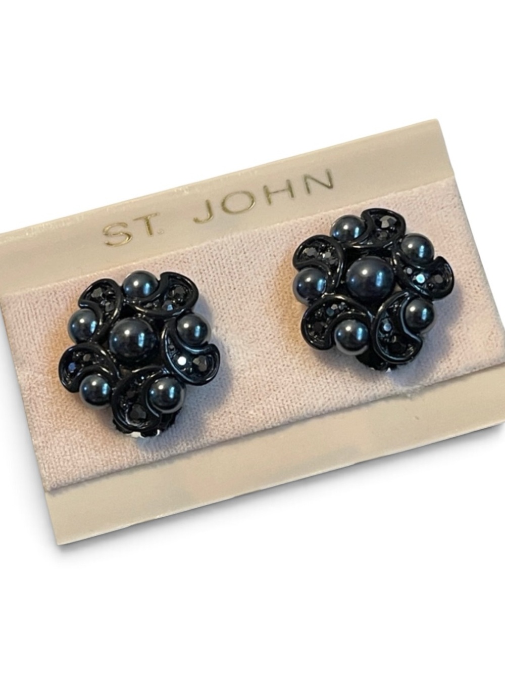NWT Vintage St. John Black Faux Pearl & Rhinestone Cluster Clip-on Earrings